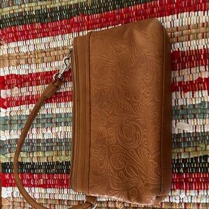 Tan Embossed Leather Wristlet - Brand Unspecified